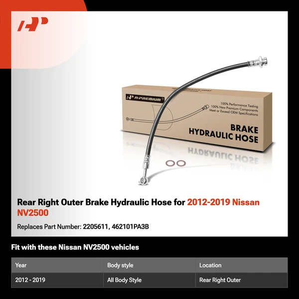 Rear Right Outer Brake Hydraulic Hose for 2012-2019 Nissan NV2500