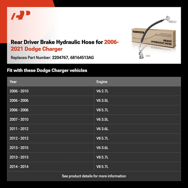 Rear Driver Brake Hydraulic Hose for 2006-2021 Dodge Charger