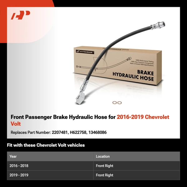 Front Passenger Brake Hydraulic Hose for 2016-2019 Chevrolet Volt