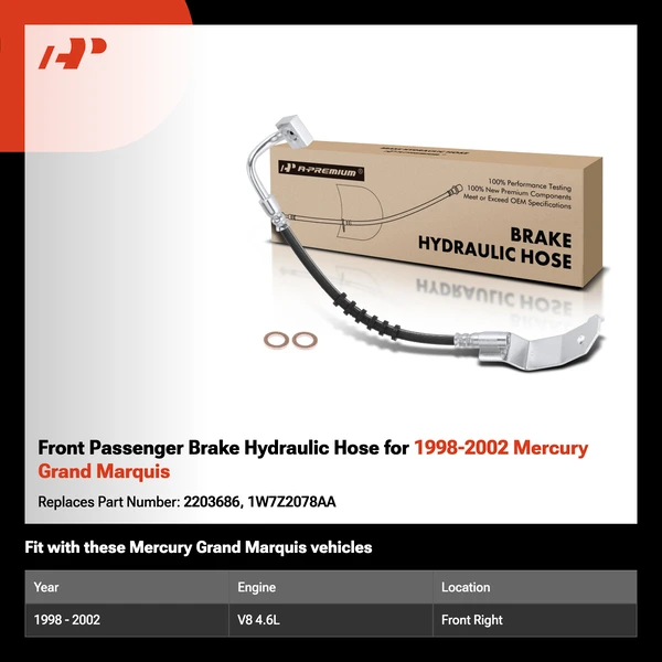 Front Passenger Brake Hydraulic Hose for 1998-2002 Mercury Grand Marquis