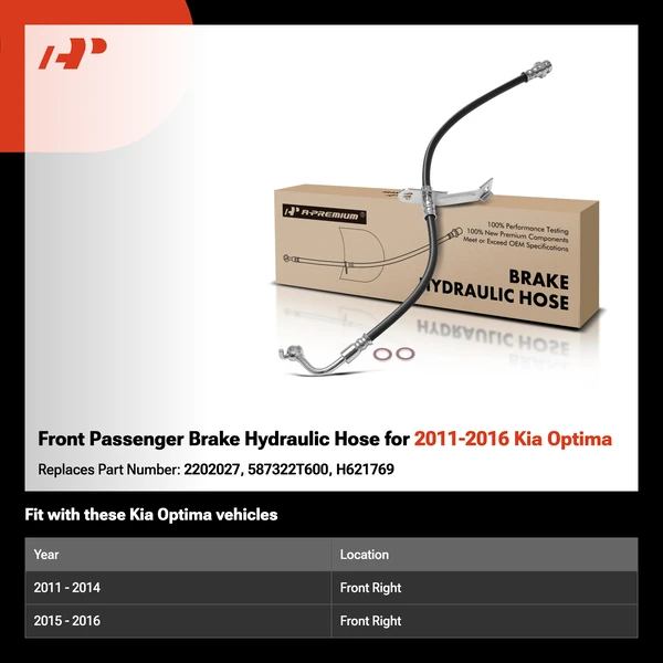 Front Passenger Brake Hydraulic Hose for 2011-2016 Kia Optima