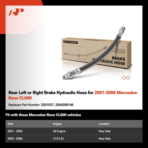 Rear Left or Right Brake Hydraulic Hose for 2001-2006 Mercedes-Benz CL600