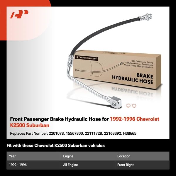 Front Passenger Brake Hydraulic Hose for 1992-1996 Chevrolet K2500 Suburban