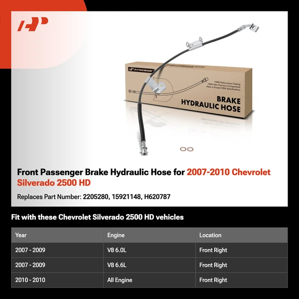 Front Passenger Brake Hydraulic Hose for 2007-2010 Chevrolet Silverado 2500 HD