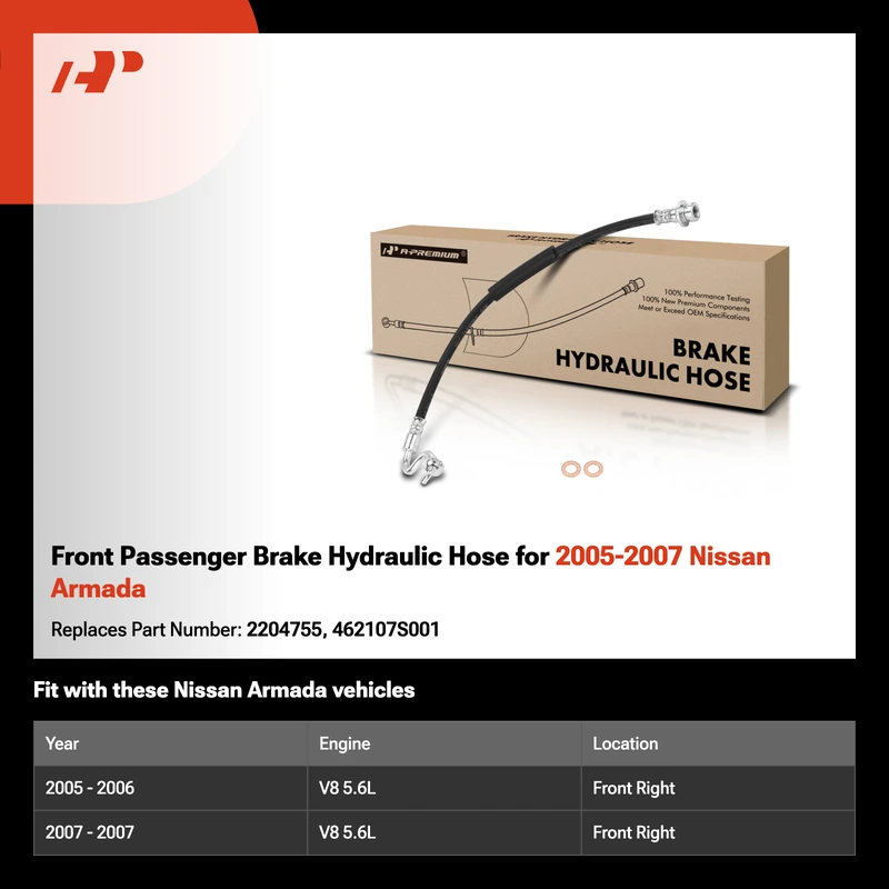 Front Passenger Brake Hydraulic Hose for 2005-2007 Nissan Armada