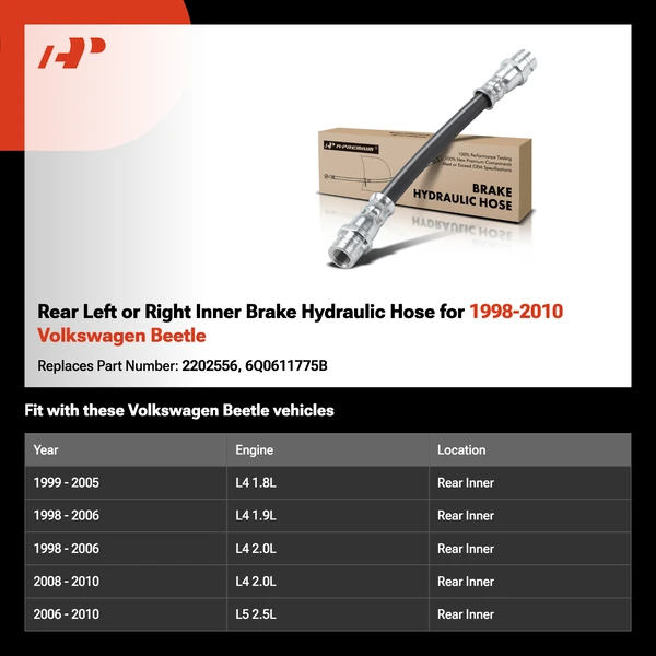 Rear Left or Right Inner Brake Hydraulic Hose for 1998-2010 Volkswagen Beetle