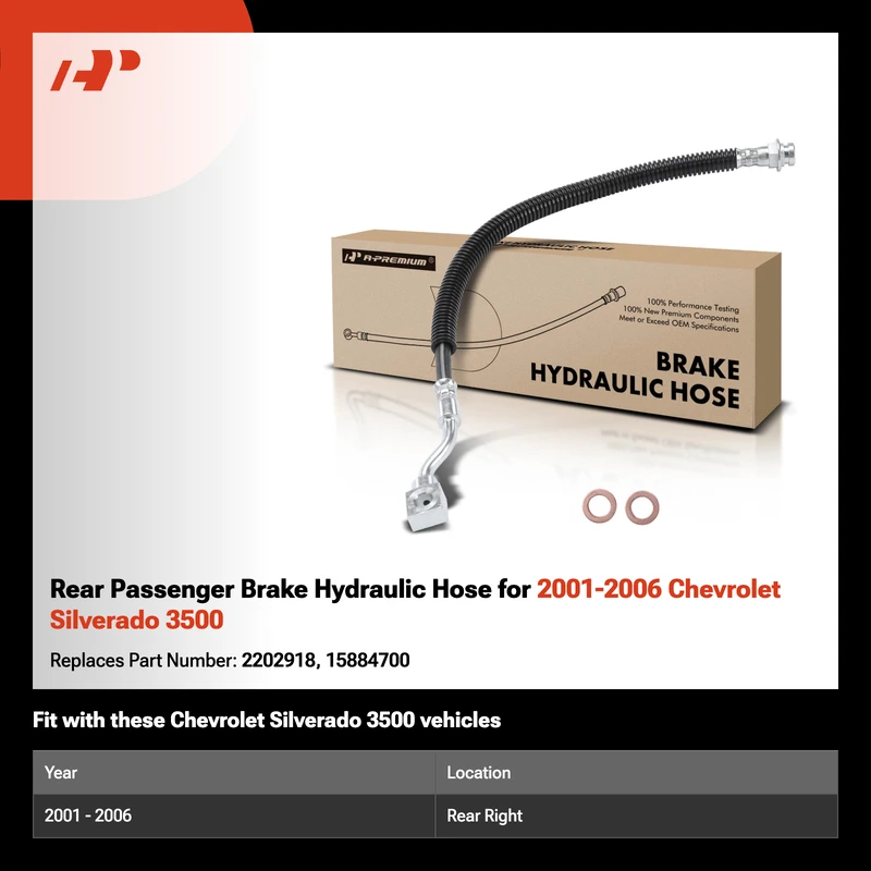 Rear Passenger Brake Hydraulic Hose for 2001-2006 Chevrolet Silverado 3500