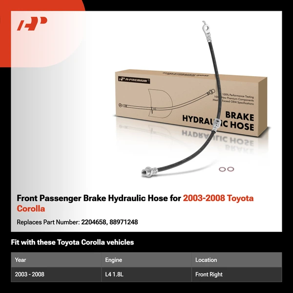Front Passenger Brake Hydraulic Hose for 2003-2008 Toyota Corolla