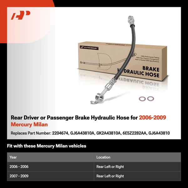 Rear Driver or Passenger Brake Hydraulic Hose for 2006-2009 Mercury Milan