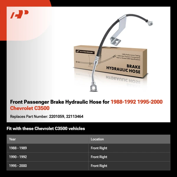 Front Passenger Brake Hydraulic Hose for 1988-1992 1995-2000 Chevrolet C3500