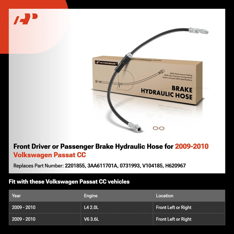 Front Driver or Passenger Brake Hydraulic Hose for 2009-2010 Volkswagen Passat CC