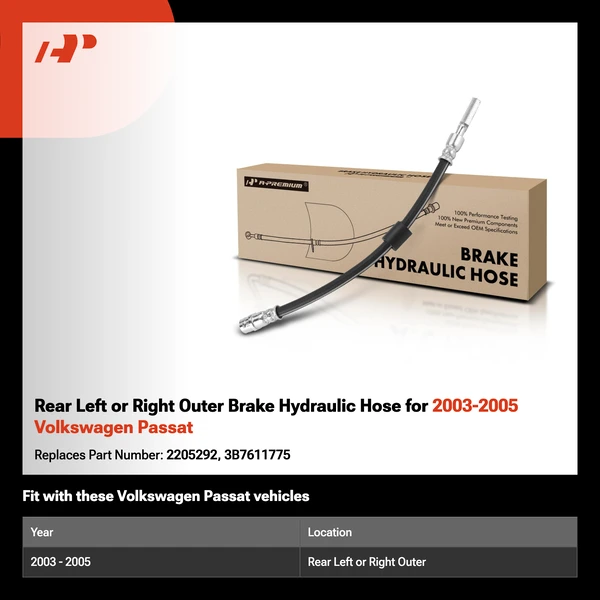 Rear Left or Right Outer Brake Hydraulic Hose for 2003-2005 Volkswagen Passat