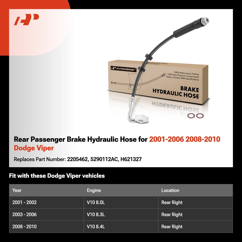 Rear Passenger Brake Hydraulic Hose for 2001-2006 2008-2010 Dodge Viper