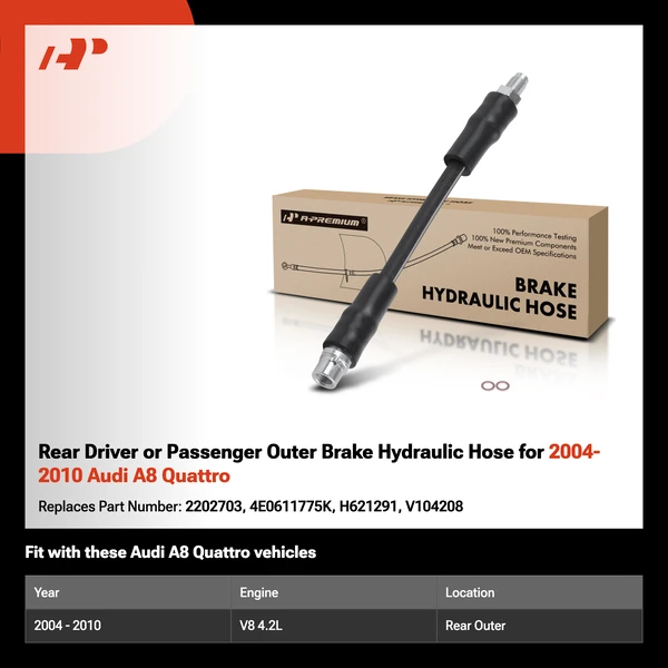 Rear Driver or Passenger Outer Brake Hydraulic Hose for 2004-2010 Audi A8 Quattro