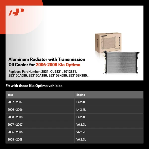 Aluminum Radiator with Transmission Oil Cooler for 2006-2008 Kia Optima