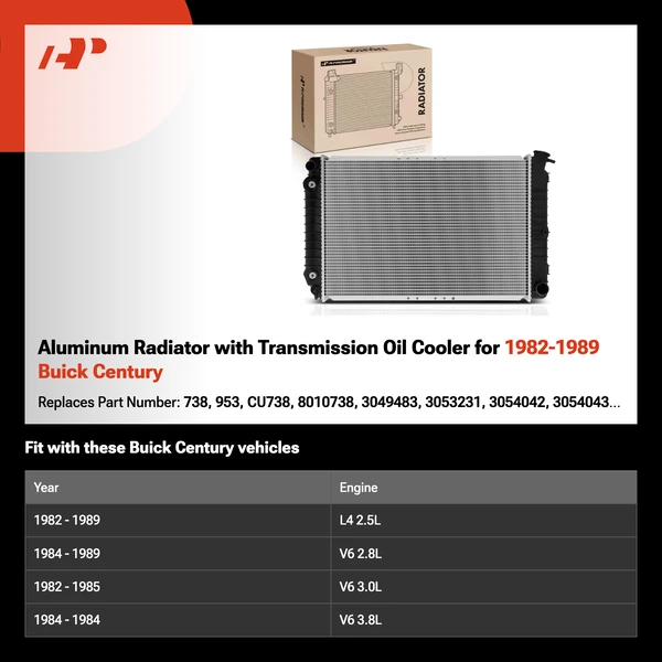 Aluminum Radiator with Transmission Oil Cooler for 1982-1989 Buick Century