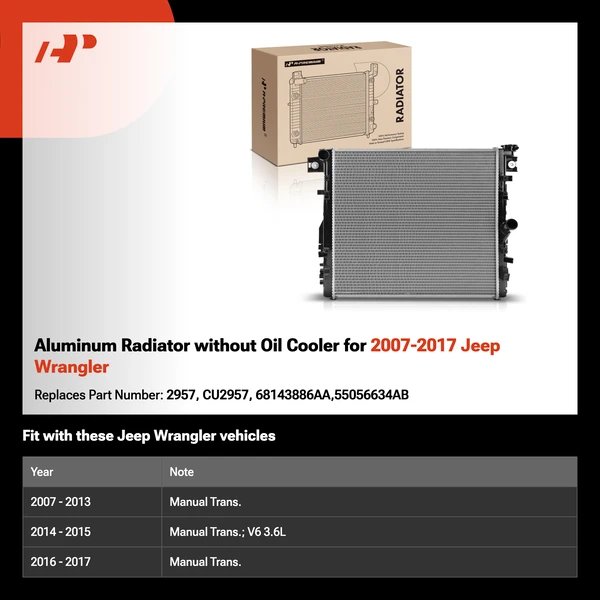 Aluminum Radiator without Oil Cooler for 2007-2017 Jeep Wrangler