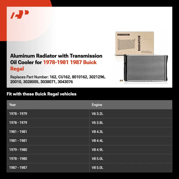 Aluminum Radiator with Transmission Oil Cooler for 1978-1981 1987 Buick Regal