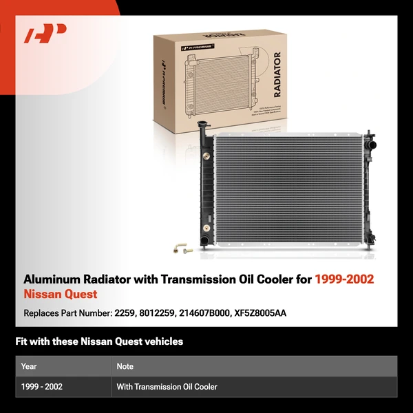 Aluminum Radiator with Transmission Oil Cooler for 1999-2002 Nissan Quest