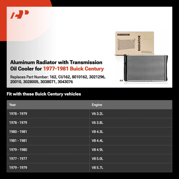 Aluminum Radiator with Transmission Oil Cooler for 1977-1981 Buick Century