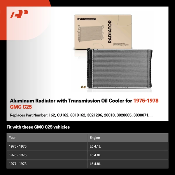 Aluminum Radiator with Transmission Oil Cooler for 1975-1978 GMC C25