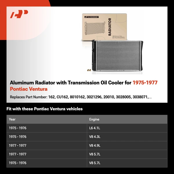 Aluminum Radiator with Transmission Oil Cooler for 1975-1977 Pontiac Ventura