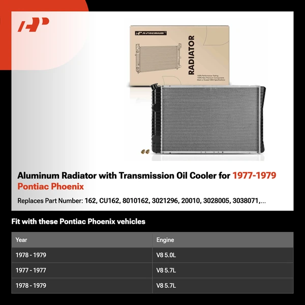 Aluminum Radiator with Transmission Oil Cooler for 1977-1979 Pontiac Phoenix