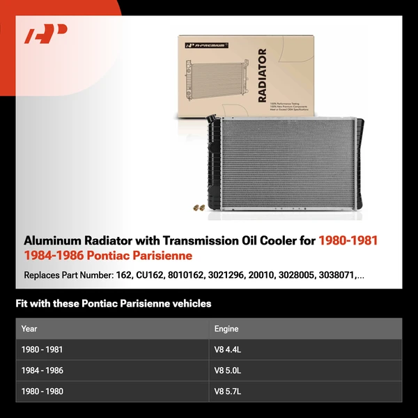 Aluminum Radiator with Transmission Oil Cooler for 1980-1981 1984-1986 Pontiac Parisienne