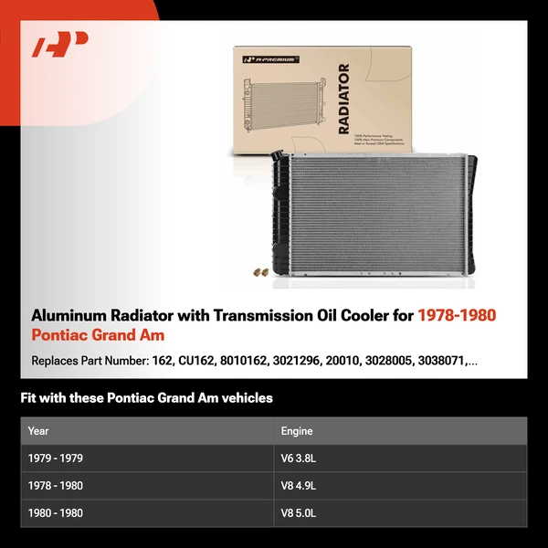 Aluminum Radiator with Transmission Oil Cooler for 1978-1980 Pontiac Grand Am