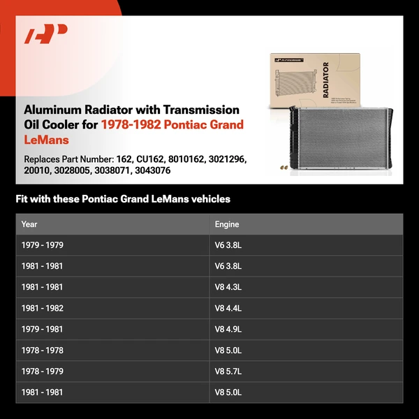 Aluminum Radiator with Transmission Oil Cooler for 1978-1982 Pontiac Grand LeMans