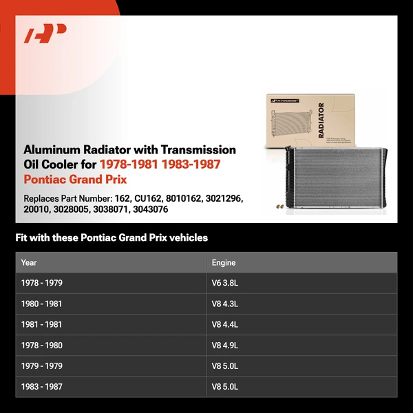 Aluminum Radiator with Transmission Oil Cooler for 1978-1981 1983-1987 Pontiac Grand Prix