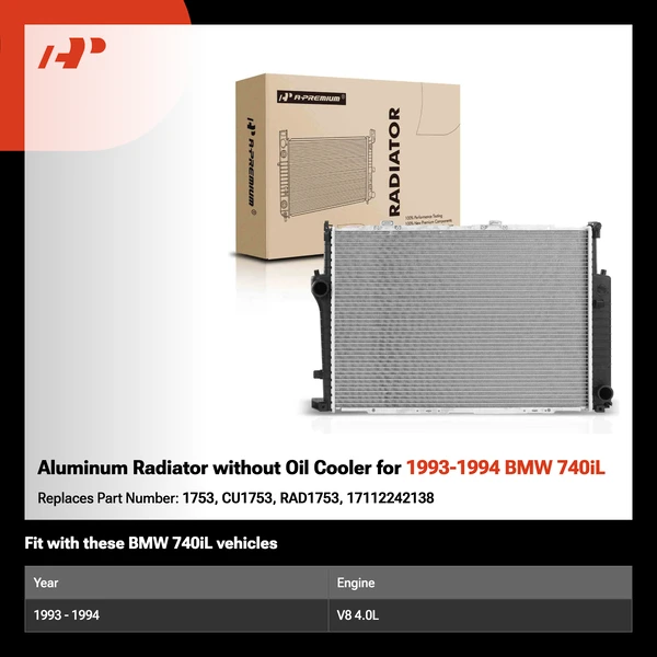 Aluminum Radiator without Oil Cooler for 1993-1994 BMW 740iL