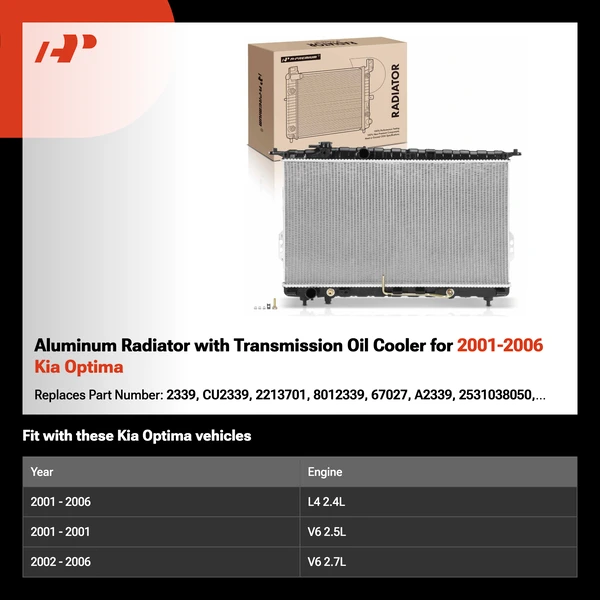 Aluminum Radiator with Transmission Oil Cooler for 2001-2006 Kia Optima