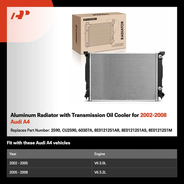 Aluminum Radiator with Transmission Oil Cooler for 2002-2008 Audi A4