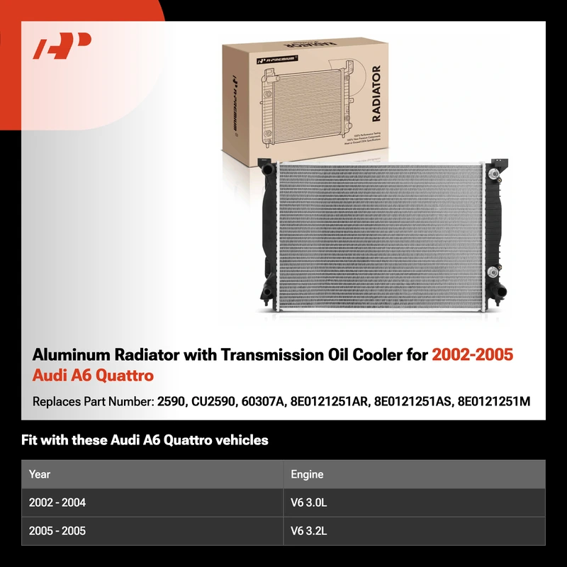 Aluminum Radiator with Transmission Oil Cooler for 2002-2005 Audi A6 Quattro