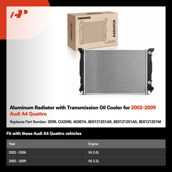 Aluminum Radiator with Transmission Oil Cooler for 2002-2009 Audi A4 Quattro