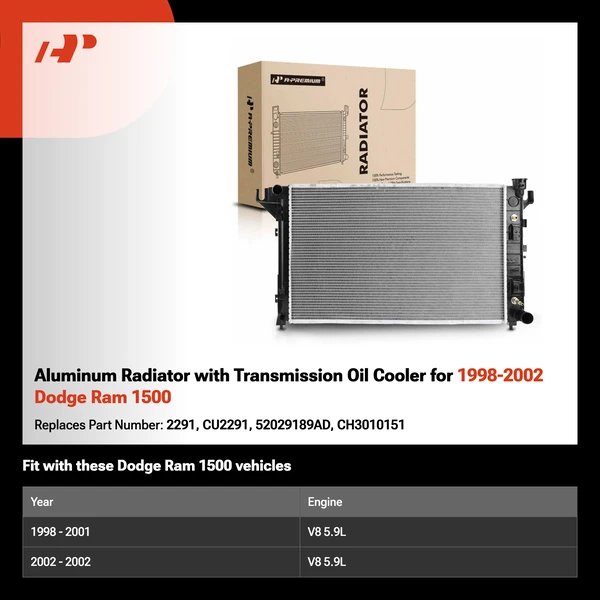 Aluminum Radiator with Transmission Oil Cooler for 1998-2002 Dodge Ram 1500