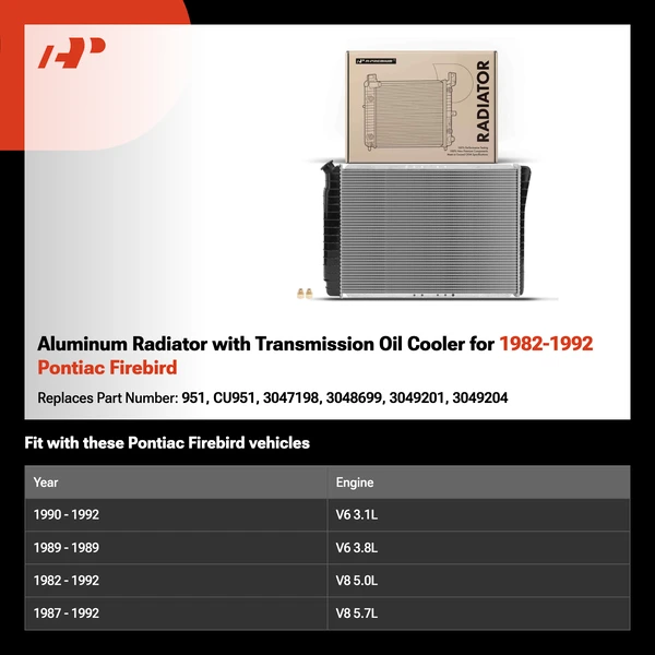Aluminum Radiator with Transmission Oil Cooler for 1982-1992 Pontiac Firebird