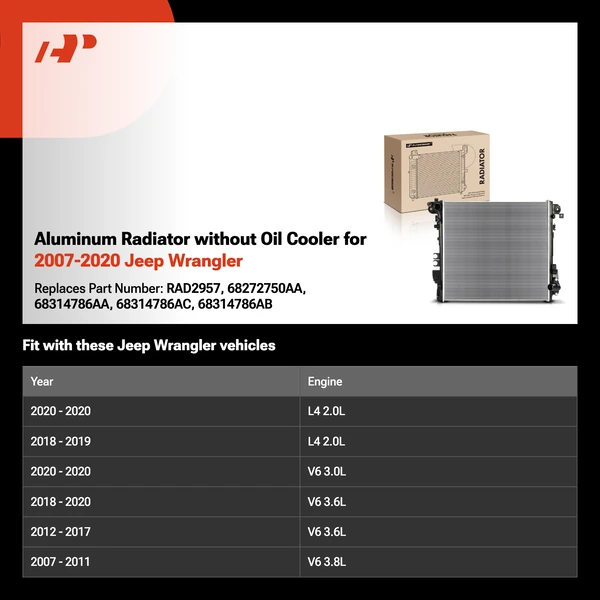 Aluminum Radiator without Oil Cooler for 2007-2020 Jeep Wrangler