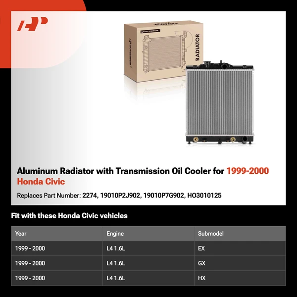 Aluminum Radiator with Transmission Oil Cooler for 1999-2000 Honda Civic