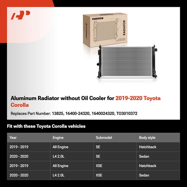 Aluminum Radiator without Oil Cooler for 2019-2020 Toyota Corolla