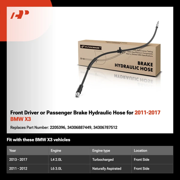 Front Driver or Passenger Brake Hydraulic Hose for 2011-2017 BMW X3