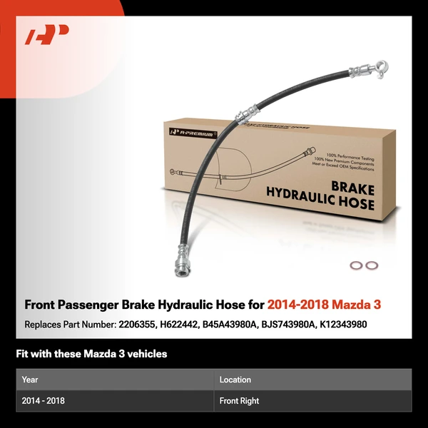 Front Passenger Brake Hydraulic Hose for 2014-2018 Mazda 3