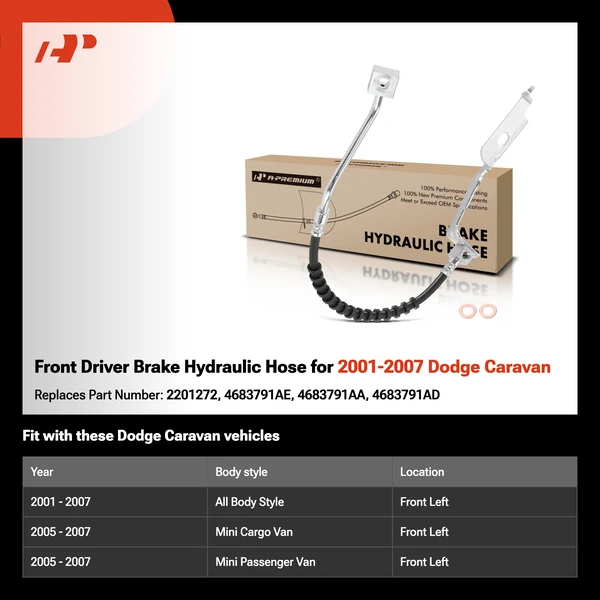 Front Driver Brake Hydraulic Hose for 2001-2007 Dodge Caravan
