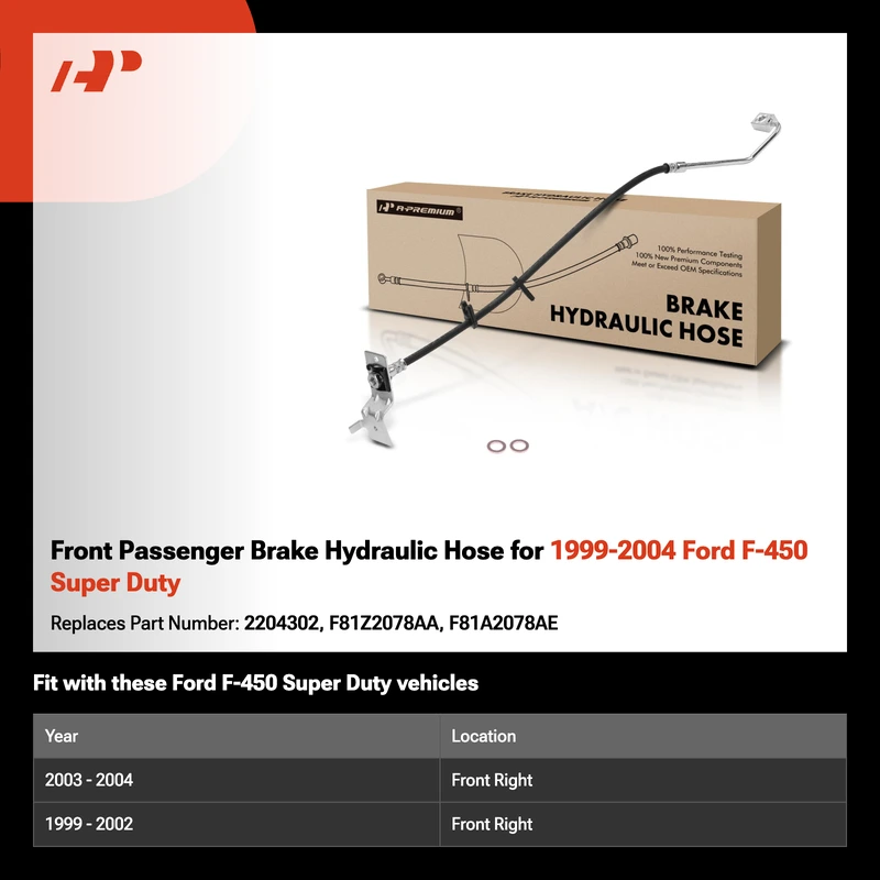 Front Passenger Brake Hydraulic Hose for 1999-2004 Ford F-450 Super Duty