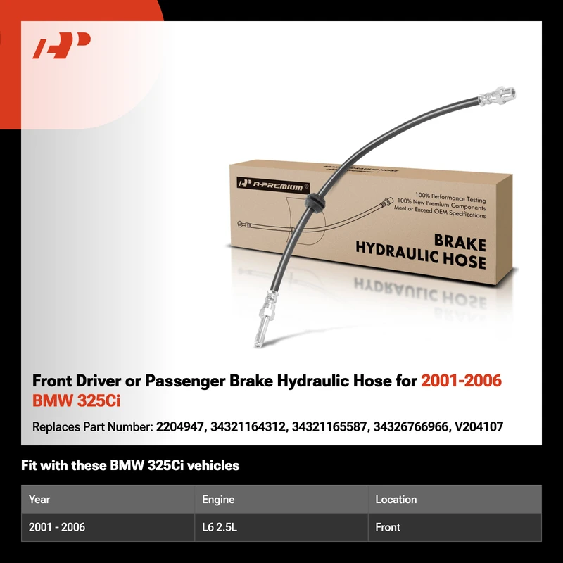 Front Driver or Passenger Brake Hydraulic Hose for 2001-2006 BMW 325Ci