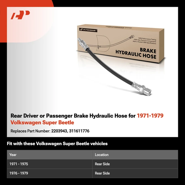 Rear Driver or Passenger Brake Hydraulic Hose for 1971-1979 Volkswagen Super Beetle