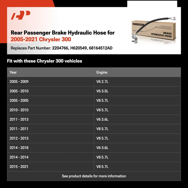 Rear Passenger Brake Hydraulic Hose for 2005-2021 Chrysler 300