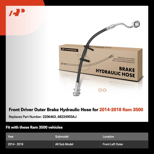 Front Driver Outer Brake Hydraulic Hose for 2014-2018 Ram 3500