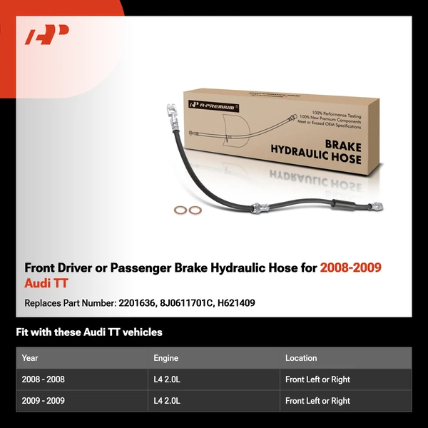 Front Driver or Passenger Brake Hydraulic Hose for 2008-2009 Audi TT